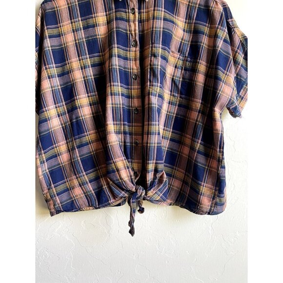 Madewell Button Down Short Sleeve Plaid Tie Hem Shirt Western Top Women Sz Mediu - Picture 5 of 9